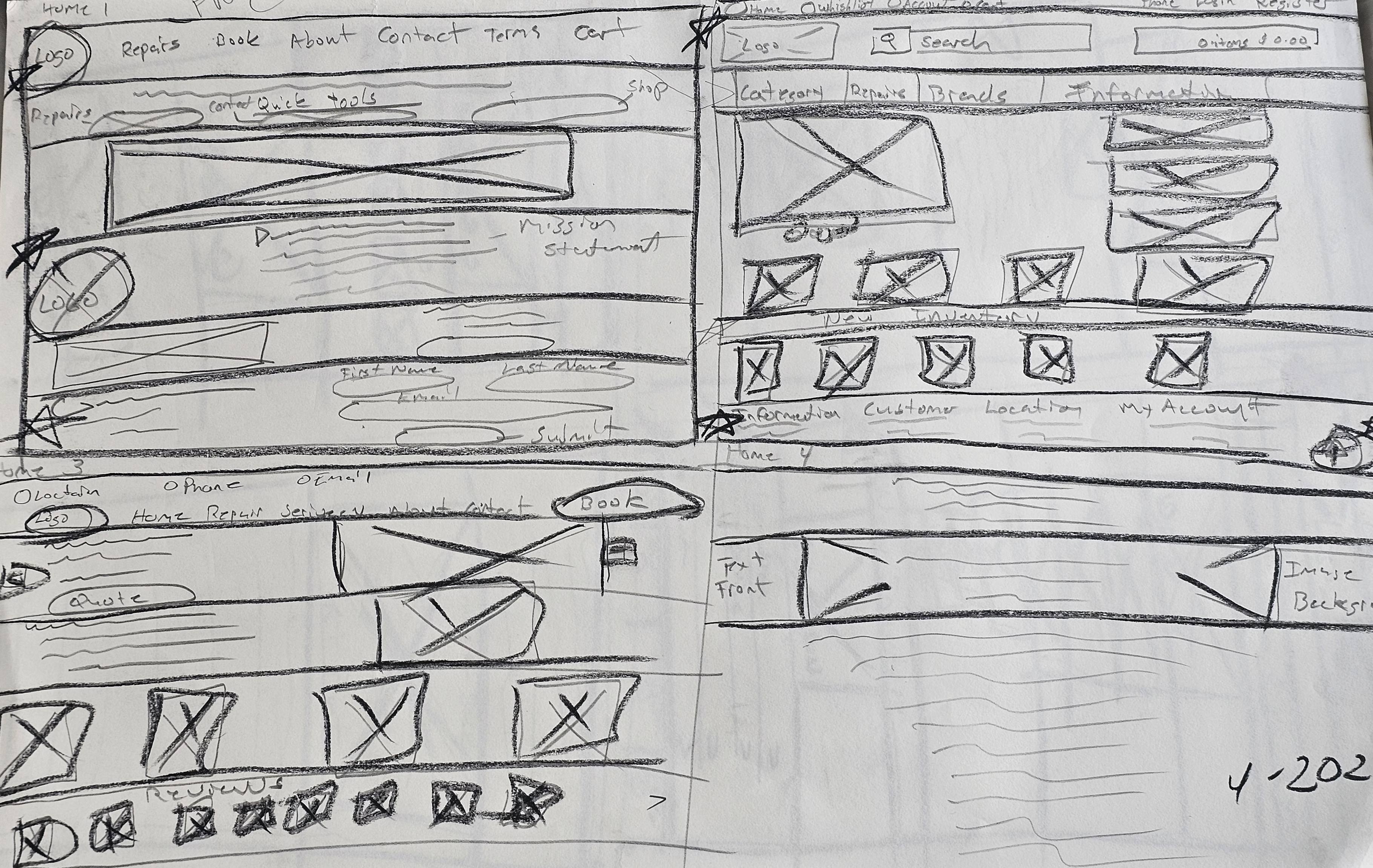 Hand-drawn wireframe sketches of screens, including navigation and content placement.