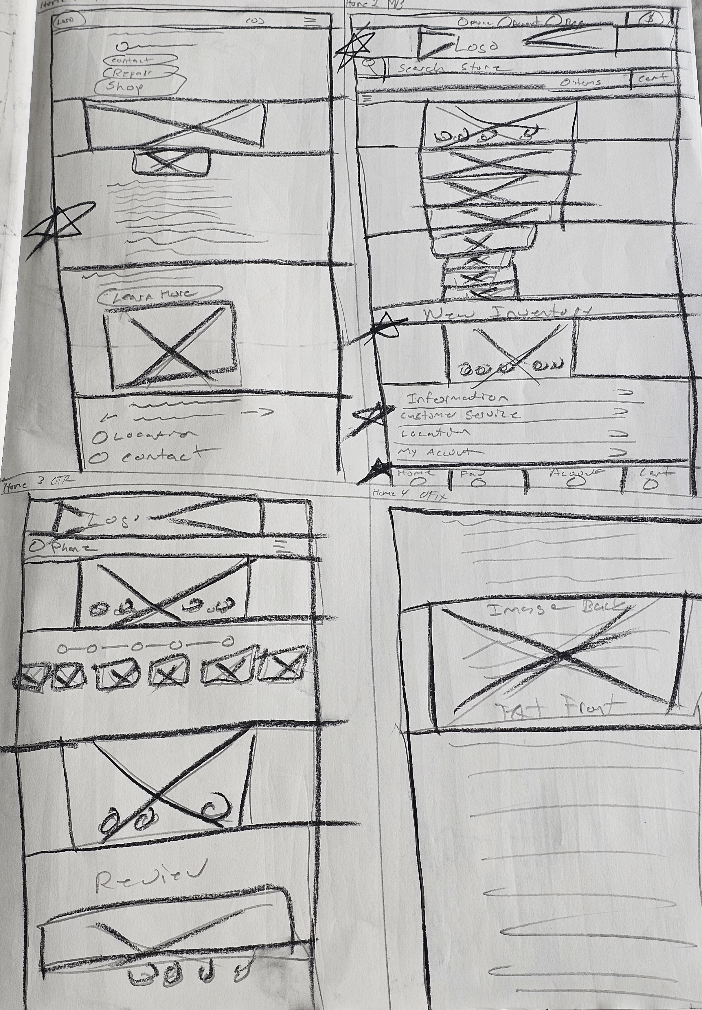 Hand-drawn wireframe sketches of screens, including navigation and content placement